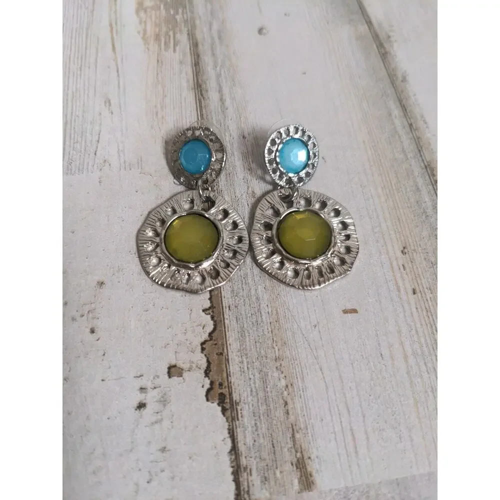 Statement Necklace & Matching‎ Earring Set, silver tone, blue yellow & teal - Picture 3 of 6